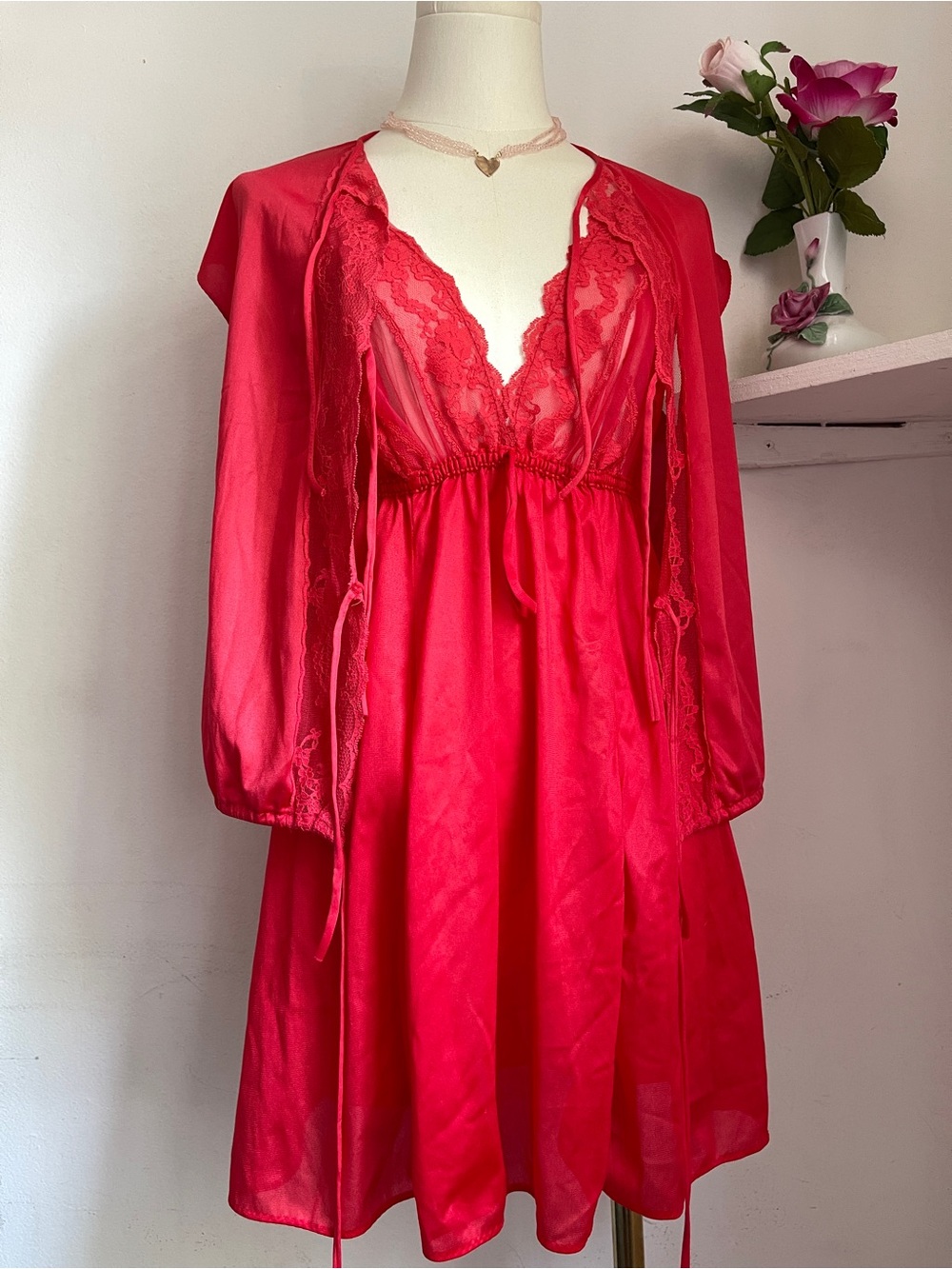 Red Lace Trim Satin Nightgown & Robe Set